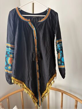 Lucky & Blessed Embroidered Black Boho Tunic with Gold Tassel Trim